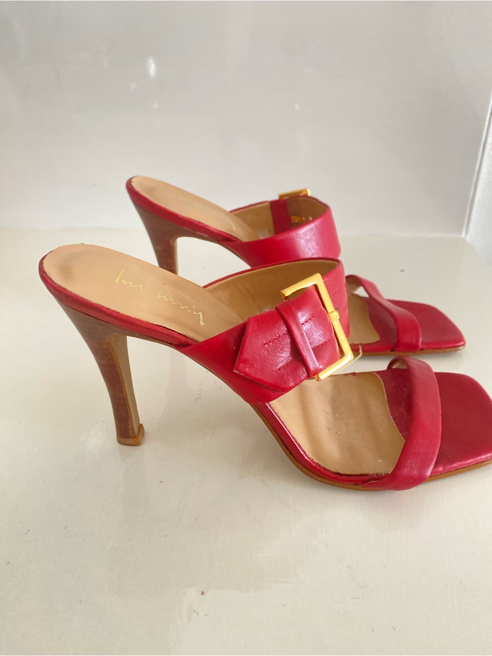 Red Leather Buckle Slide Heels
